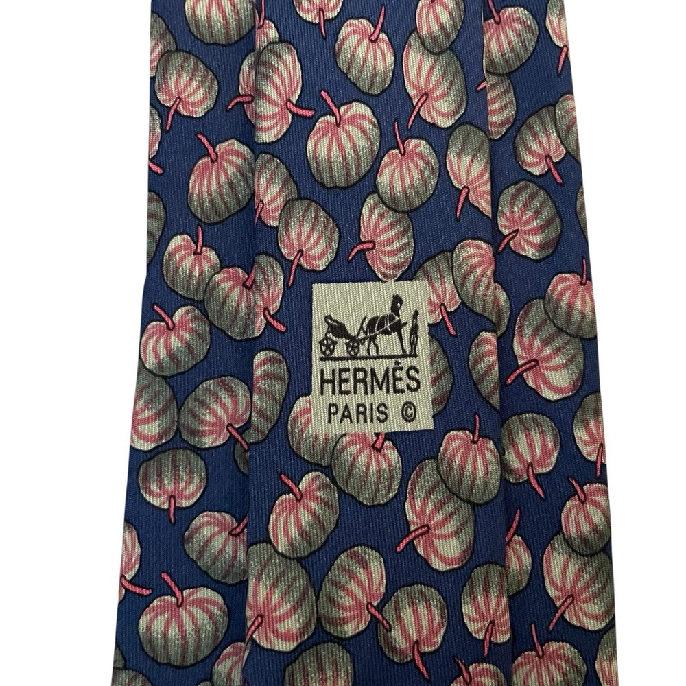 Hermes Men's Tie Watermelons Dark Blue Satin Silk 7435 HA 3.5" (W) x 60" (L) guc
